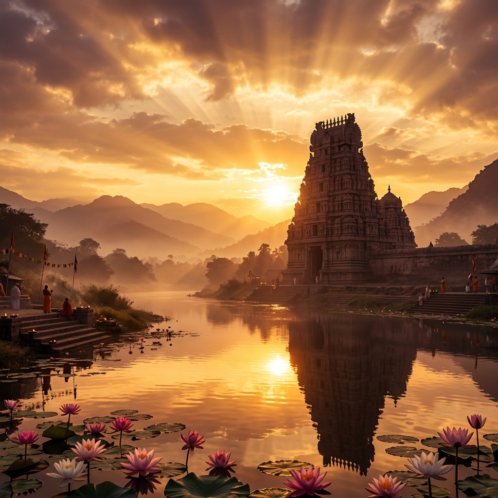 Sacred temple landscape at golden sunrise